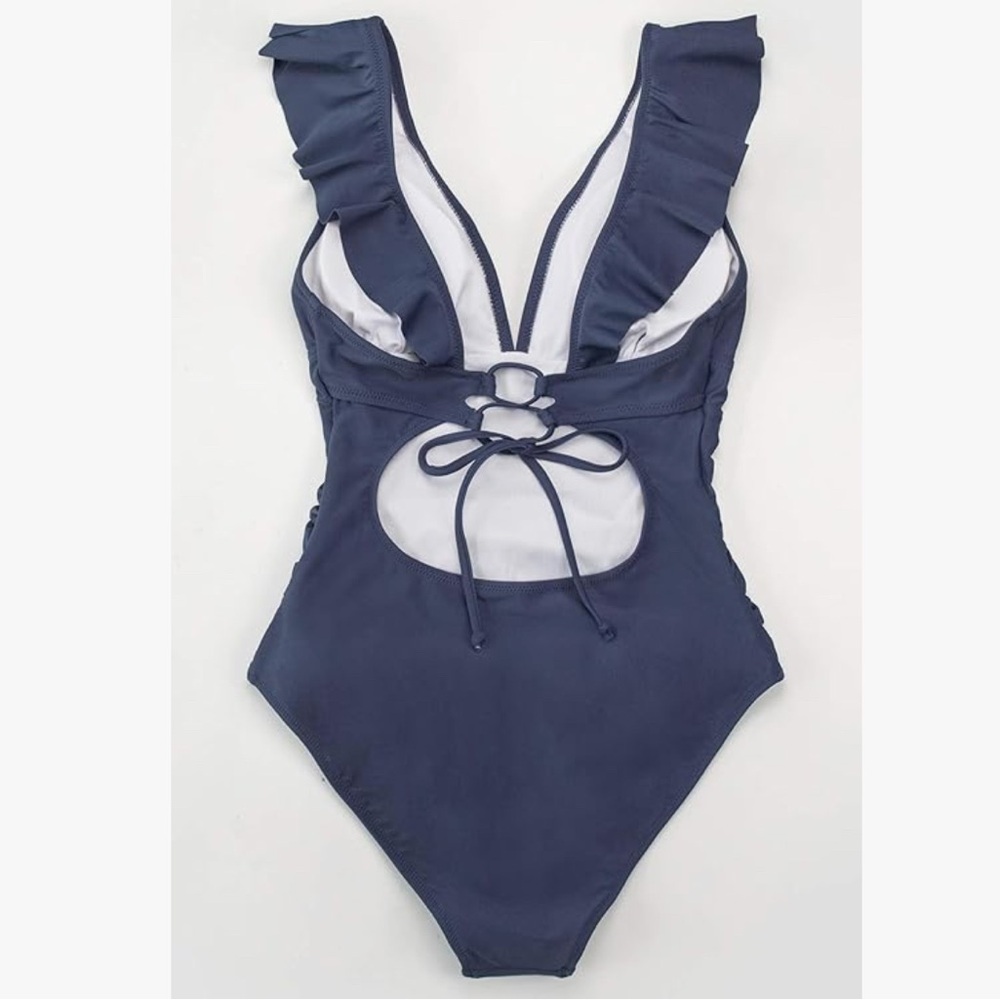 Cupshe Ruffled V-Neck & Lace-Up Back Swimsuit - Picture 4 of 14